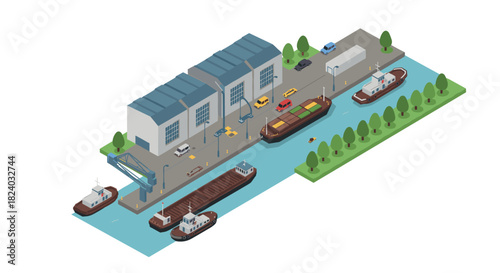 Isometric cargo port with ships and warehouse in a river scene