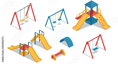 Colorful playground equipment set with slides and swings in isometric design