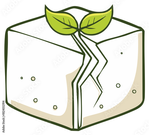 Cracked Cube with Sprouting Leaves Symbolizing Growth and Resilience