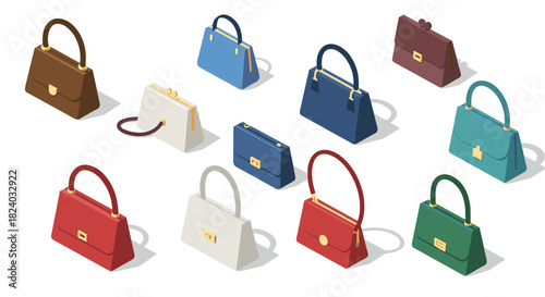 Isometric collection of stylish handbags in various colors and designs