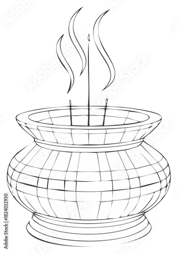 Traditional Incense Burner with Smoking Joss Sticks Line Art Illustration