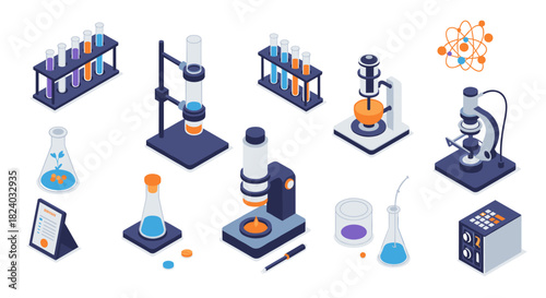 Isometric science lab equipment set featuring microscopes and test tubes