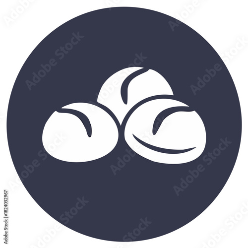 Simple white baked goods buns icon in a dark circular graphic element