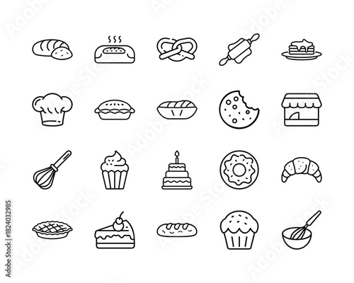 Bakery and baking line art icon set featuring various pastry items, bread, cakes, and kitchen tools. minimalist outline vector illustration collection, sweet desserts. Vector, illustration
