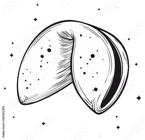 Magical fortune cookie with stars black and white vector line art illustration