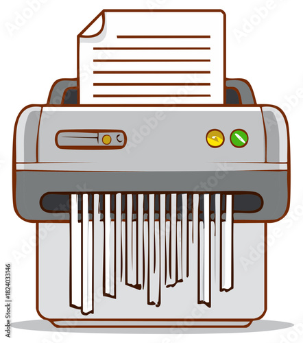 Modern paper shredder with paper being fed and shredded into strips