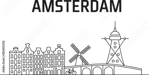 Amsterdam skyline silhouette with traditional houses windmill bicycle and tower illustration