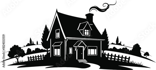 Clean vector illustration of a cozy suburban family house with windows, roof, porch, and simple detail in black-and-white.