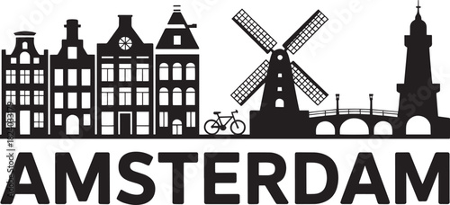 Amsterdam skyline silhouette with traditional houses windmill bicycle and tower in black art