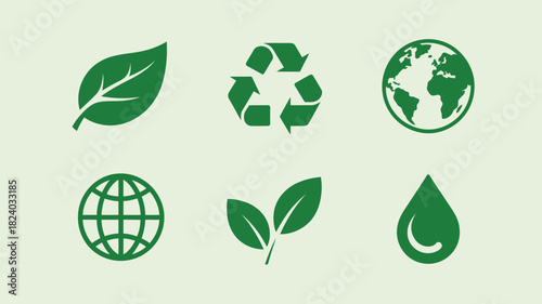 A set of green ecological icons including leaves globe recycle symbol and water drop on a light background