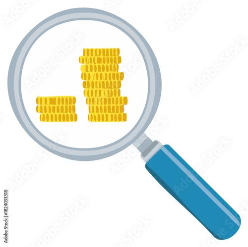Magnifying glass viewing stacks of gold coins representing financial analysis and growth