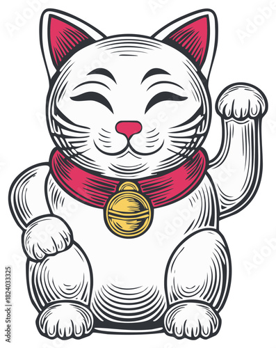 Happy Japanese Maneki Neko lucky cat waving for good fortune vector illustration in a retro engraving style