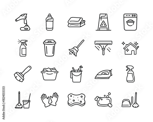 Comprehensive collection of linear cleaning service icons, featuring essential household tools and supplies for domestic tasks and hygienic maintenance. Vector, illustration