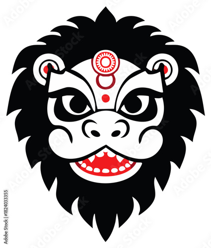 Stylized Mythological Creature Head Illustration with Red Accents, Traditional Asian Deity Mask Design