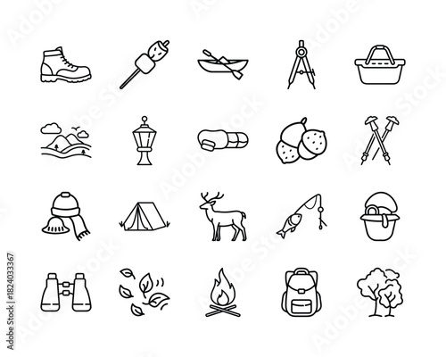 Outdoor adventure and camping activity line icons set with hiking gear, nature elements, recreational equipment, and wildlife symbols for web design or print Vector, illustration
