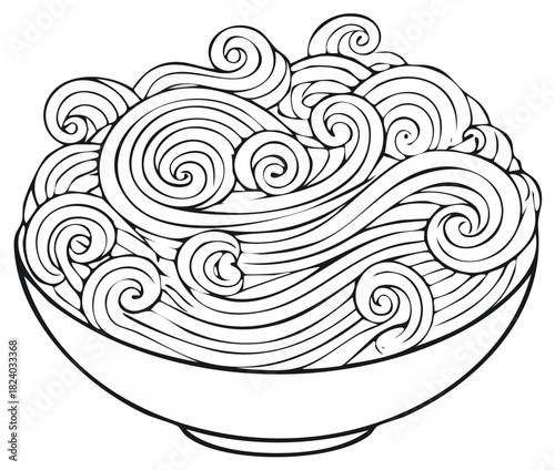 A decorative black and white line drawing of a bowl of ramen with swirling noodles like ocean waves