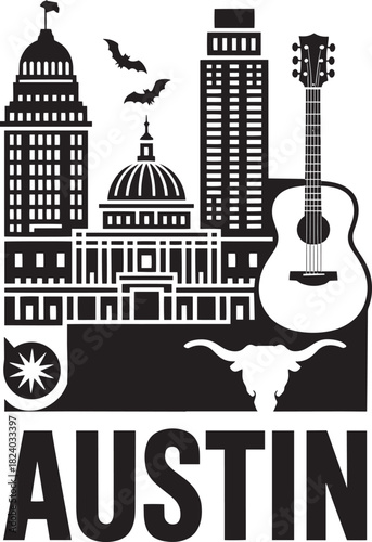 Austin Cityscape with Texas Capitol Building and Modern Designs Silhouette