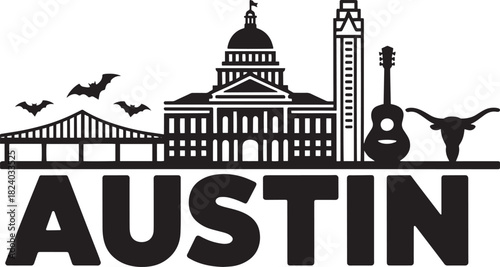 Austin texas skyline vector silhouette city building landmark capital longhorn guitar