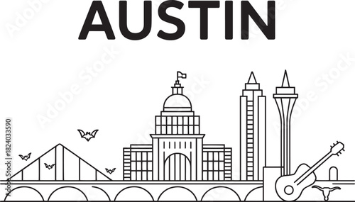 Austin Skyline with Texas Capitol Building and Modern Architecture in Line Art