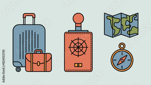 A collection of travel items including suitcases passport map and compass arranged on a light background