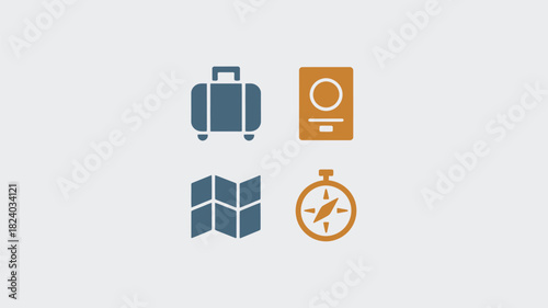 A simple illustration of travel icons including a suitcase passport map and compass on a light background