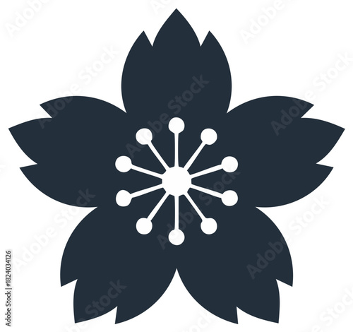 Simple dark blue stylized cherry blossom flower icon with white center and petals