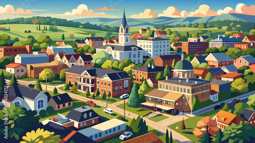 Very beautiful aerial view of Carlisle, Pennsylvania, highlighting a harmonious mix of historic buildings, residential neighborhoods, and tree-lined streets under a clear, bright sky in a clean, stock