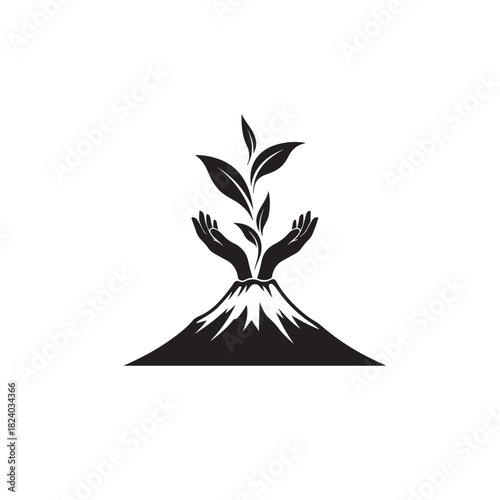 Hands nurturing a growing plant emerging from a stylized mountain or volcano, symbolizing natures resilience and the importance of environmental care, isolated on