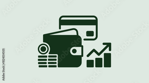 A dark green icon showing a wallet credit card coins and a bar graph with an upward trending arrow