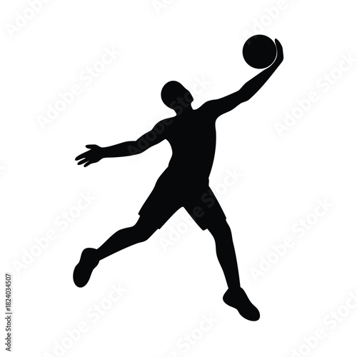 Silhouette of a male basketball player jumping to dunk a basketball on a white background.