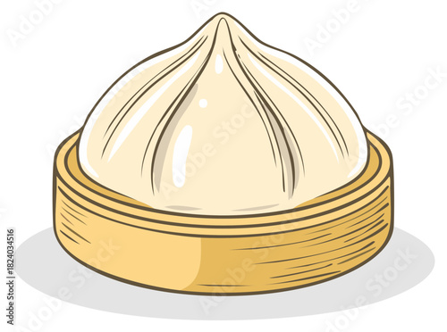 Illustration of Single Steamed Soup Dumpling in Bamboo Steamer Asian Cuisine Delicious Dim Sum