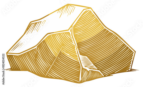 Stylized golden nugget illustration in an etched engraving style representing wealth and precious metal.