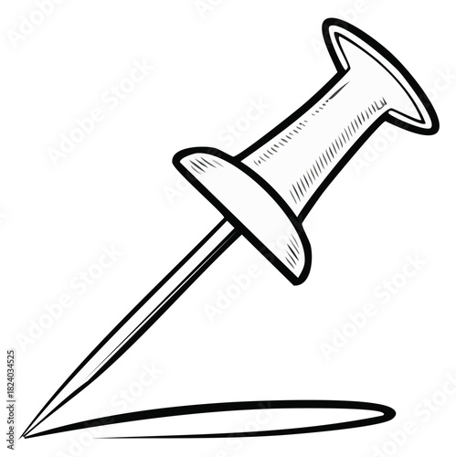 Hand-drawn pushpin illustration in a black and white sketch style. Thumbtack vector icon for marking location.