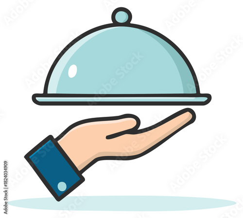 Stylized illustration of a hand presenting a covered serving dish with a light blue dome and rounded knob