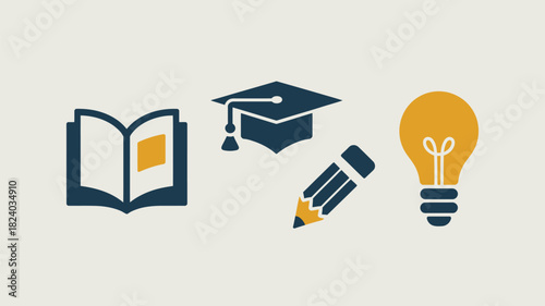 Illustration with an open book graduation cap pencil and light bulb representing education and knowledge