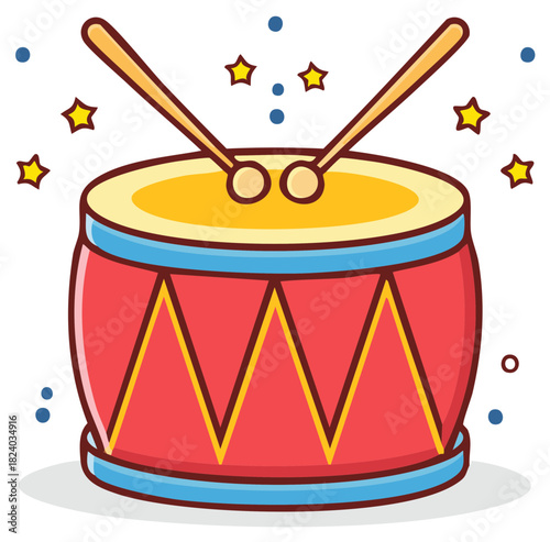 Children's toy drum with sticks and festive stars, fun party percussion instrument