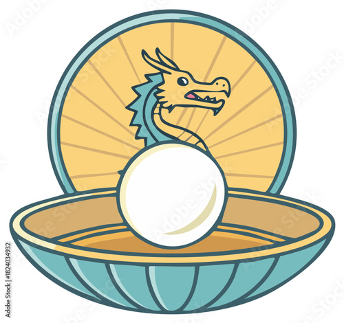 Mythical Dragon Guards a Large Pearly Shell