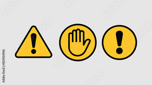 Three warning signs displayed in a row including an exclamation point and a stop hand symbol on gray
