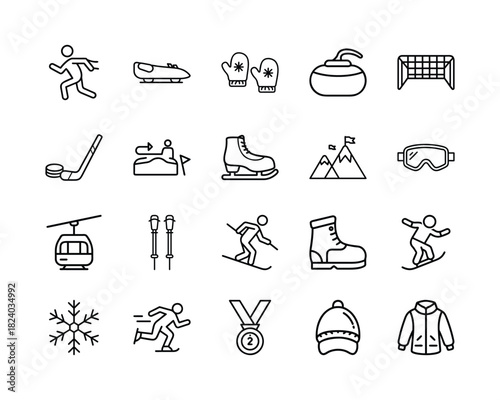 Winter sports and recreation line icons set featuring ski, snowboard, ice skate, bobsleigh, curling, hockey, and more equipment, ideal for winter season designs. Vector, illustration