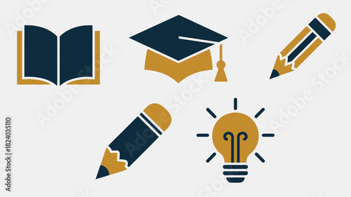 Illustration of education icons including a book graduation cap pencils and a lightbulb on white backgroun