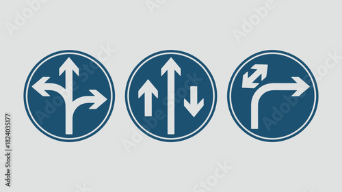 Three traffic signs displaying direction arrows in blue circles on a gray background indicating routes