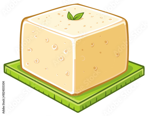 Vector illustration of a fresh tofu or feta cheese block with garnish