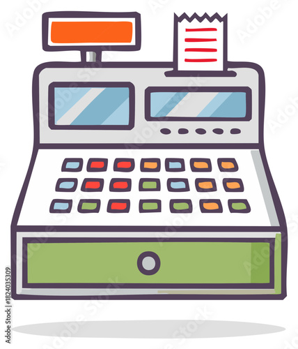 Stylized cash register cartoon icon receipt machine point of sale vector illustration