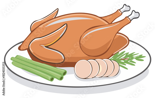 Cartoon roasted turkey or chicken dinner on a platter with garnish for a holiday feast vector illustration