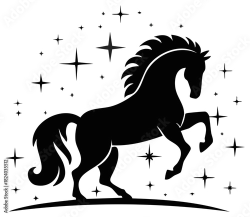 Elegant rearing horse silhouette surrounded by twinkling stars magical equine vector art