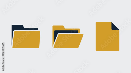 Illustration of three yellow folders with dark blue accents on a light gray background space filling