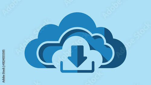 A blue cloud with an arrow pointing down into a tray on a light blue background digital illustration