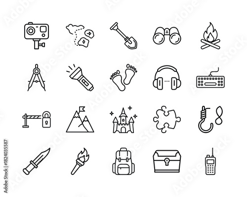 Adventure, exploration, and mystery vector line icons. features essential tools, travel gear, and conceptual items for digital design projects. Vector, illustration