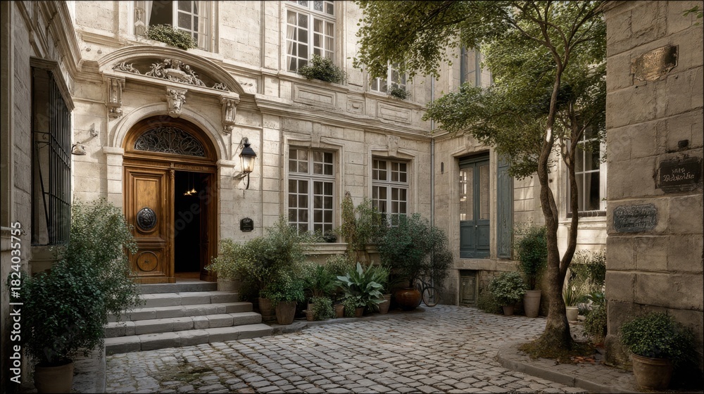 Fototapeta premium Charming Historic Courtyard with Rustic Architecture and Lush Greenery Surrounded by Cobblestone Pathway in Soft Light