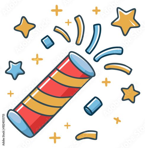 Colorful cartoon party popper exploding with festive confetti streamers and stars icon